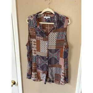 Rose + Olive Sleeveless Chiffon Patchwork Button Up Shirt Sz 2X Sheer Boho Brown